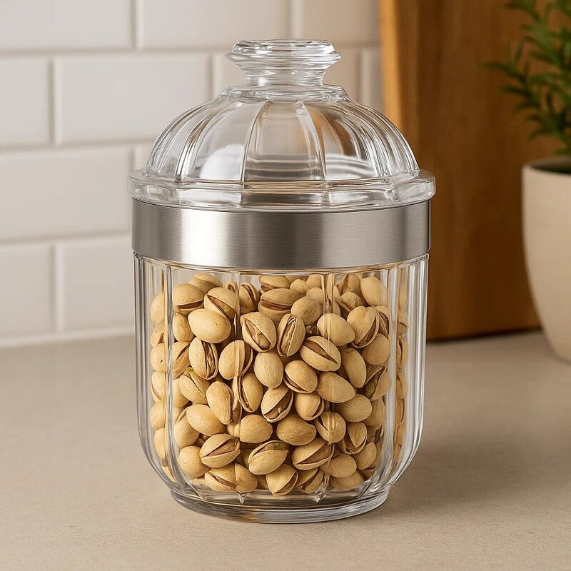 Small silver acrylic storage jar by Orsina with a clear body and secure lid