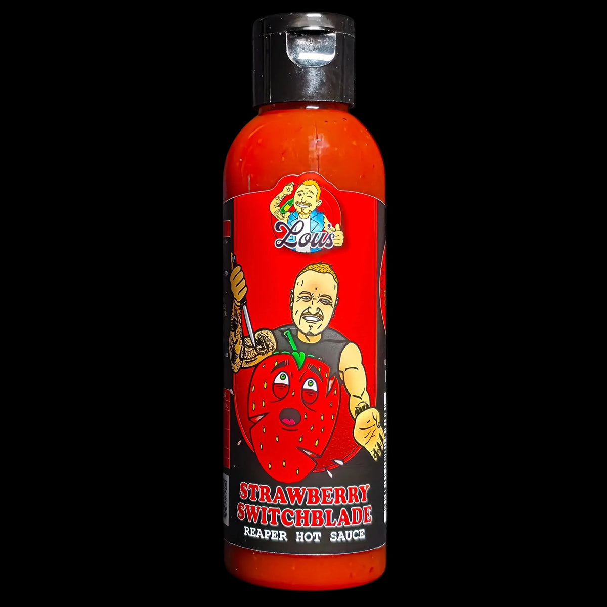 Strawberry Switchblade hot sauce by Lou's Brews featuring a vibrant bottle label with fresh strawberries and fiery Carolina Reaper peppers
