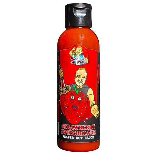 Strawberry Switchblade strawberry Carolina Reaper hot sauce bottle by Lou's Brews