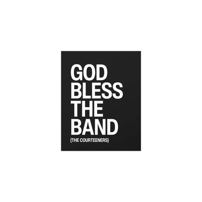 Black and white poster of Courteeners band titled "God Bless the Band" by Glow On Prints, showing band members and artistic design.