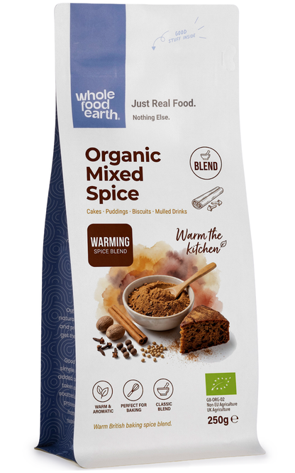 Organic mixed spice blend from Whole Food Earth, featuring a colorful assortment of herbs and spices in a glass jar.