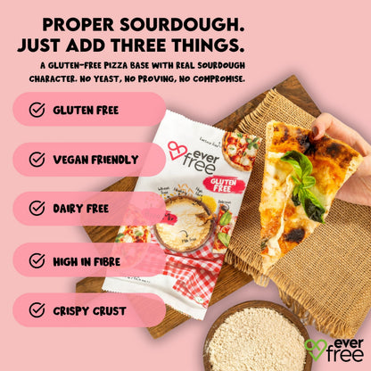 EverFree gluten-free pizza mix 350g pack of 3, showing the mix in a bowl with fresh ingredients and packaging details.