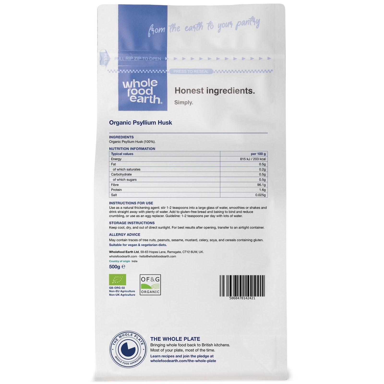 Organic Psyllium Husk from Whole Food Earth, close-up of light brown, powdered specialty fiber supplement in a jar.