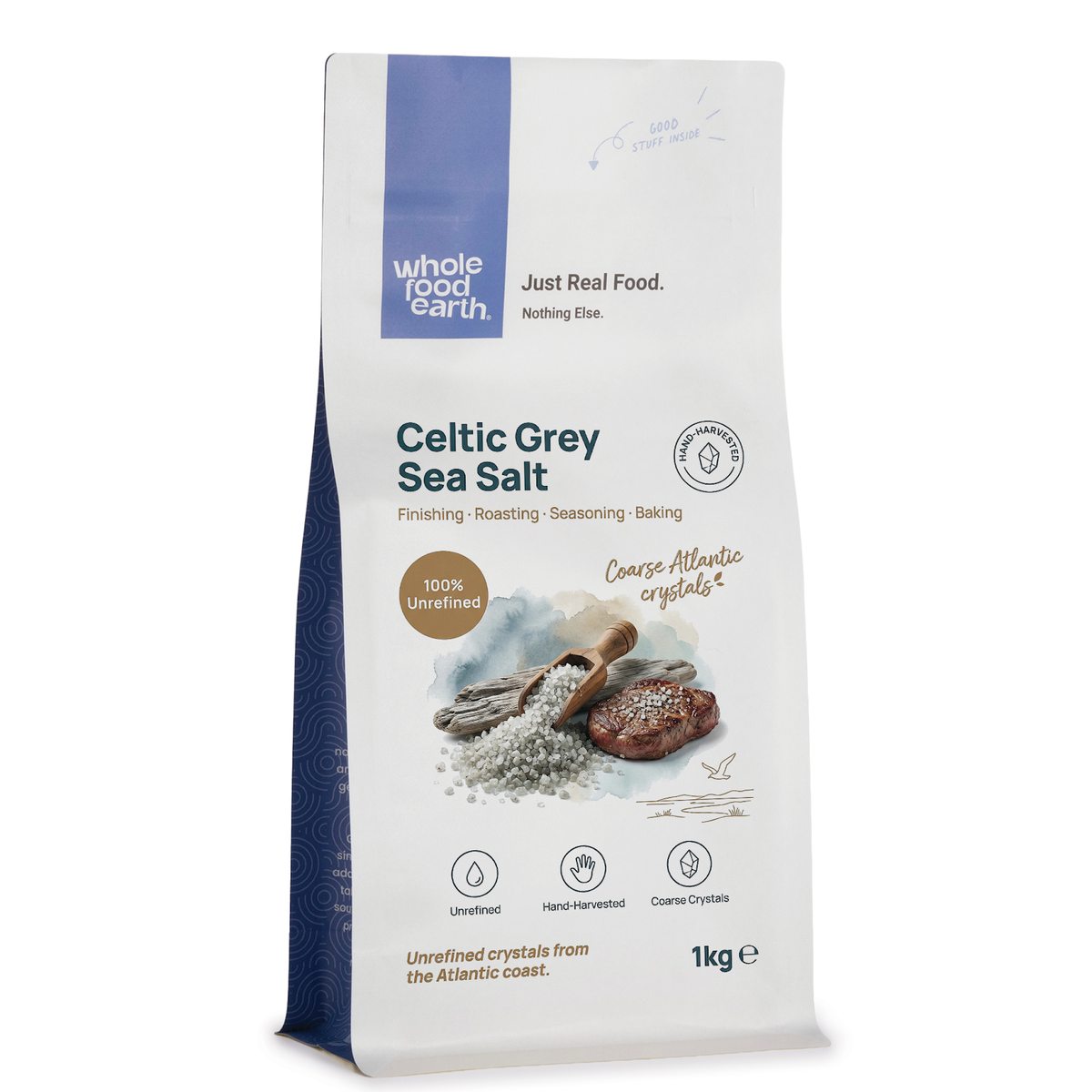 Coarse Celtic Grey Sea Salt from Whole Food Earth, unrefined mineral salt crystals with grey sea salt appearance