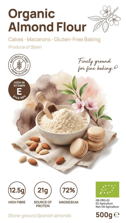 Organic almond flour from Whole Food Earth, finely ground almond powder made from natural almonds, suitable for baking and cooking.