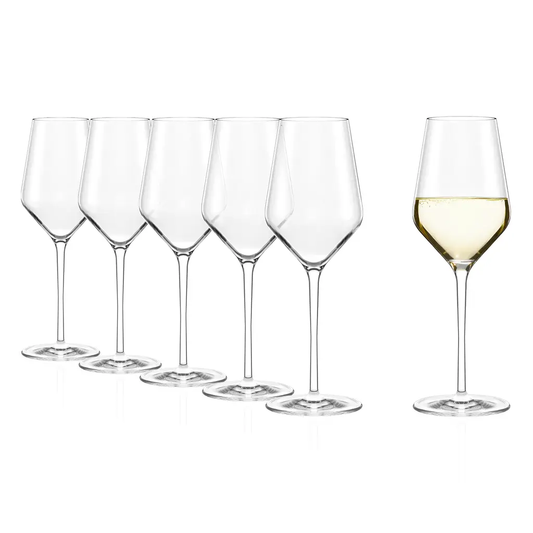 Set of six Stolzle Lausitz Quatrophil white wine glasses, 405ml capacity, elegant glassware for white wine tasting.