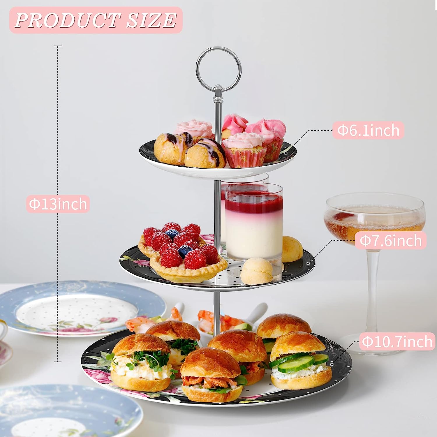 Black three-tier tea cake stand set with two cups, saucers, and plates for Mother's Day coronation party, by London Boutique Lifestyle.