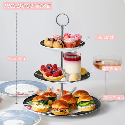 Black three-tier tea cake stand set with two cups, saucers, and plates for Mother's Day coronation party, by London Boutique Lifestyle.