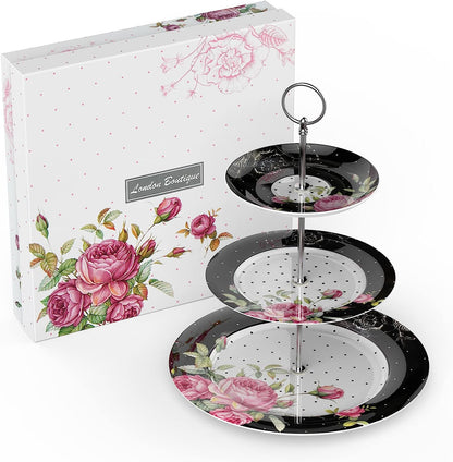 Black Mother's Day Coronation Party afternoon tea set with 3-tier cake stand, 2 cups, 2 saucers, and 4 plates from London Boutique Lifestyle.