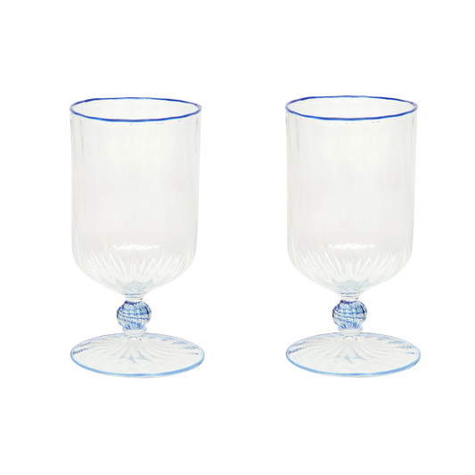 Set of two Domenicamarland Adrienne Venetian blue wine glasses with elegant stems on a white background.
