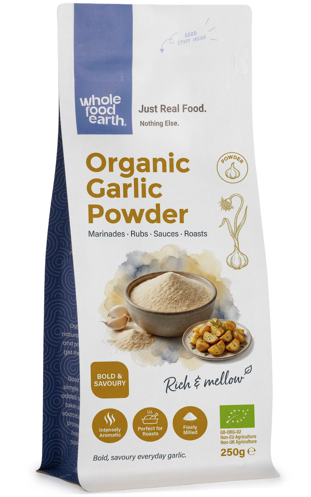 Organic garlic powder from Whole Food Earth, close-up of fine, dried garlic spice in a clear container.
