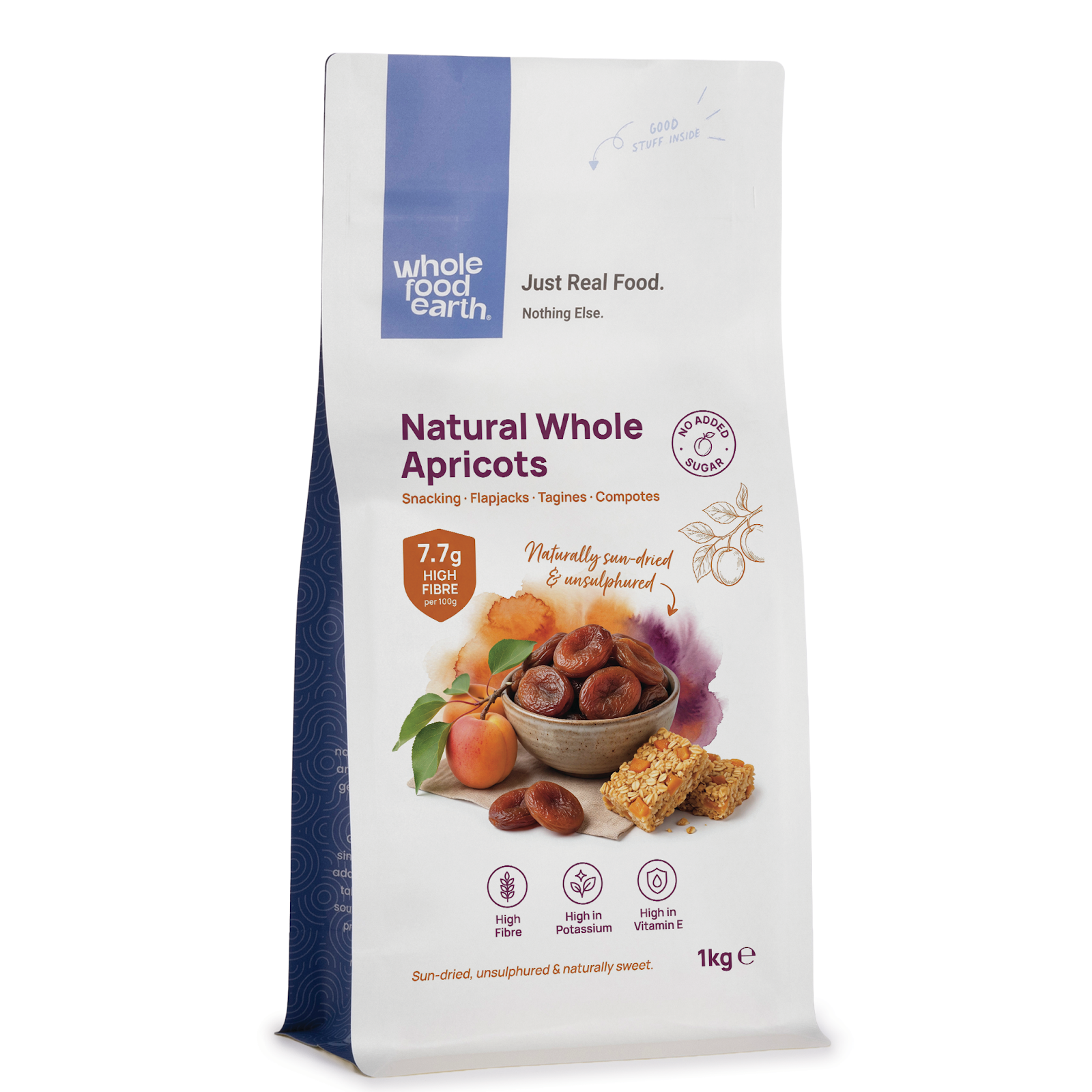 Dried natural whole apricots from Whole Food Earth, showing plump, orange apricots with a slightly wrinkled texture.