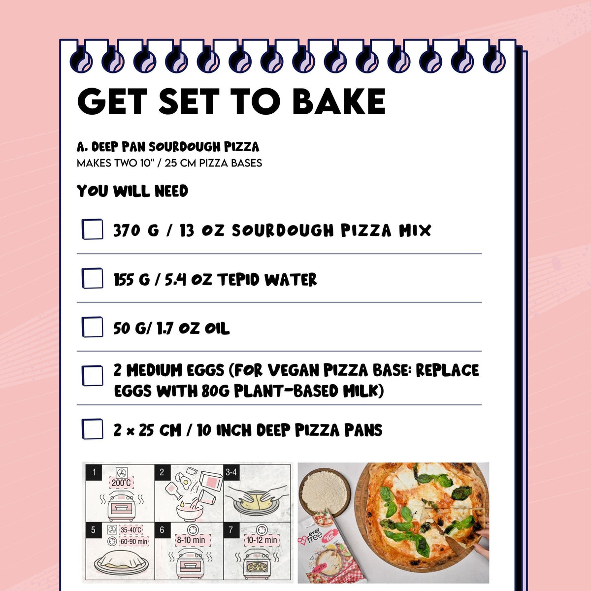 EverFree gluten-free pizza mix 350g pack of 3, showing ready-to-bake pizza crusts with toppings on a baking tray.