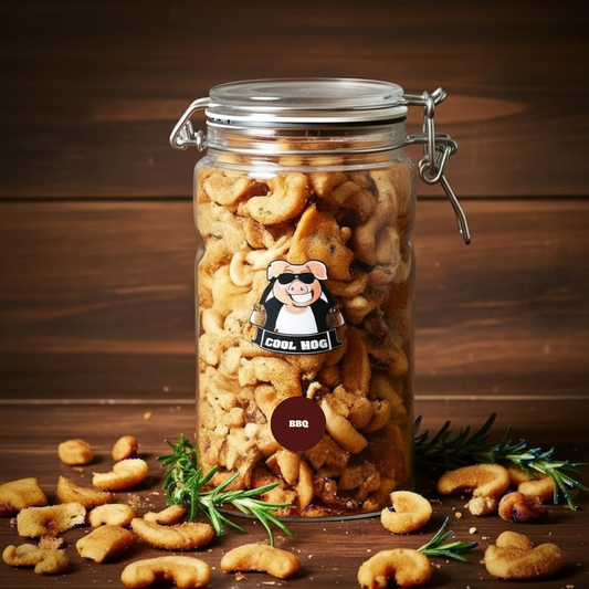 Cool Hog Snacks BBQ Flavour Pork Scratching Jar with colorful label and lid, designed for pet treats and snacks.