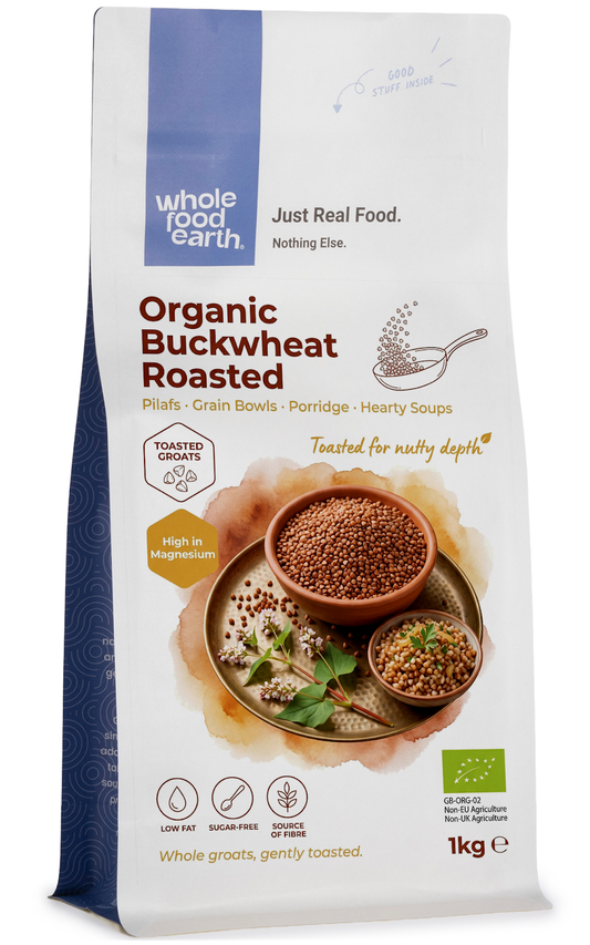 Organic roasted buckwheat grains from Whole Food Earth, shown in a close-up image with golden-brown, toasted buckwheat kernels.