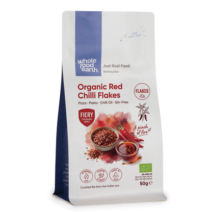 Organic red chili flakes from Whole Food Earth, dried crushed spicy red chili peppers for cooking and seasoning.