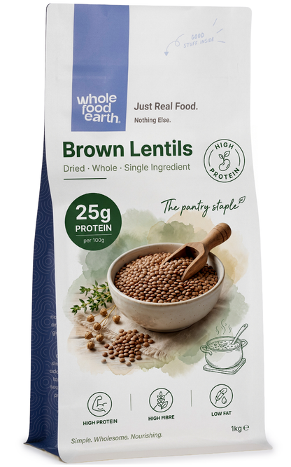 Close-up of brown lentils from Whole Food Earth, showing small, round beans in a natural, earthy brown color.