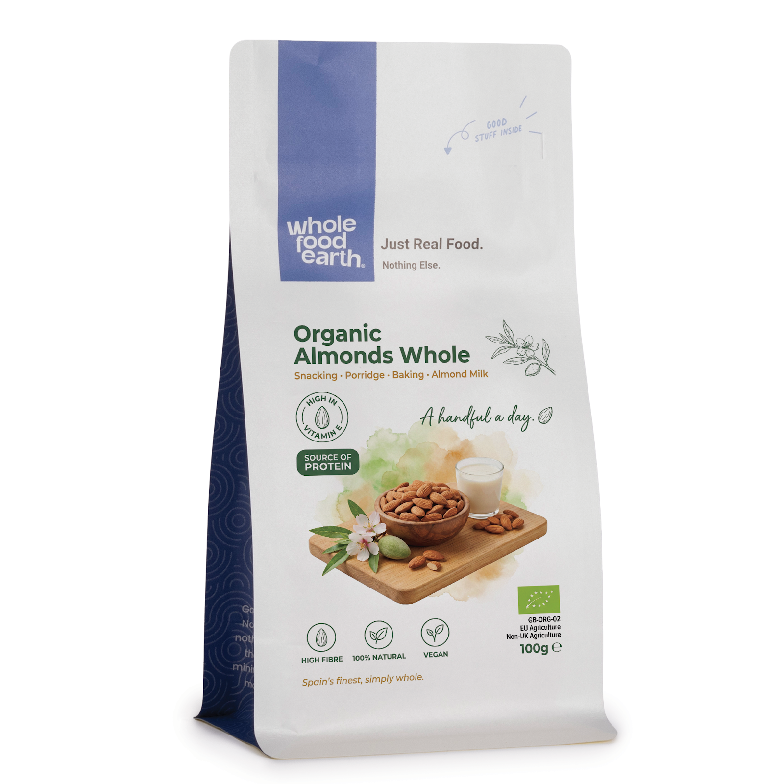 Whole Food Earth organic whole almonds, a natural nut product from Nuts & Seeds, shown in a close-up image.