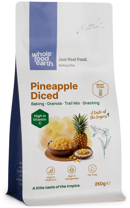 Dried pineapple chunks from Whole Food Earth, sliced and dried with a golden color and textured surface.