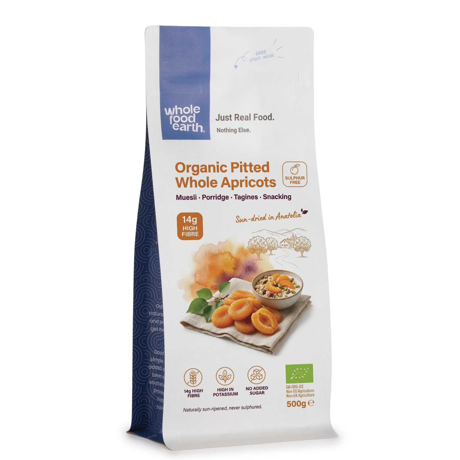 Dried organic pitted whole apricots from Whole Food Earth, showing plump, orange apricots with smooth surface and natural texture.
