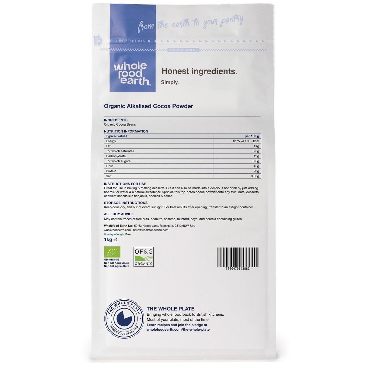 Organic alkalised cocoa powder in a clear jar, highlighting the specialty product from Whole Food Earth with a dark, rich cocoa appearance.