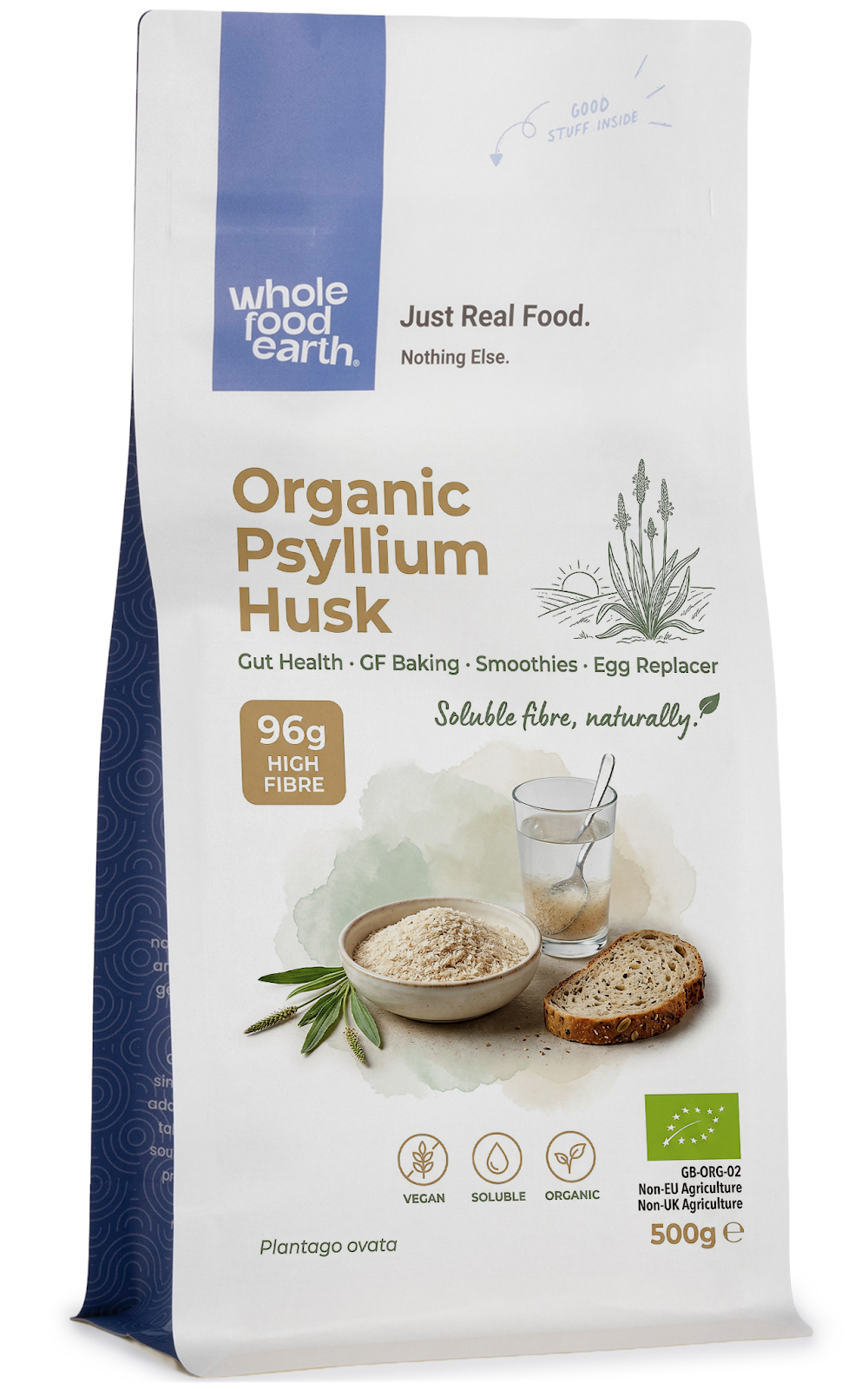 Organic Psyllium Husk from Whole Food Earth, close-up of fine, light brown ground fiber in a bowl, highlighting its natural texture.