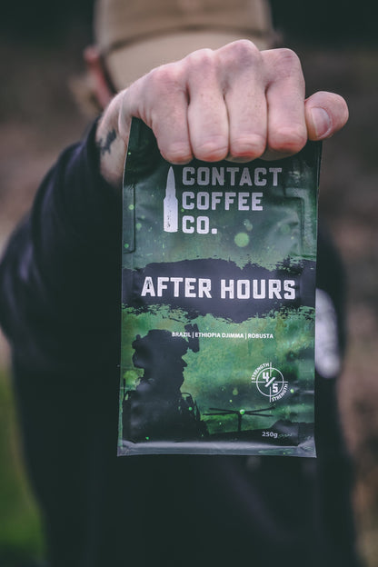 Cup of After Hours Coffee from Contact Coffee Company Ltd., showing a steaming brewed coffee in a ceramic mug.