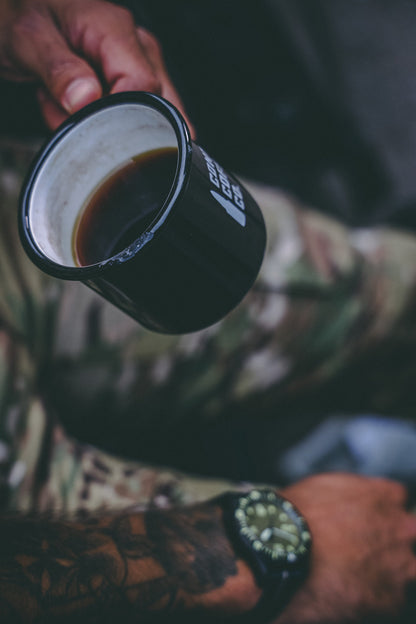 Contact Coffee Company Ltd. enamel mug with gear design, sturdy metal cup with colorful enamel coating and gear pattern.