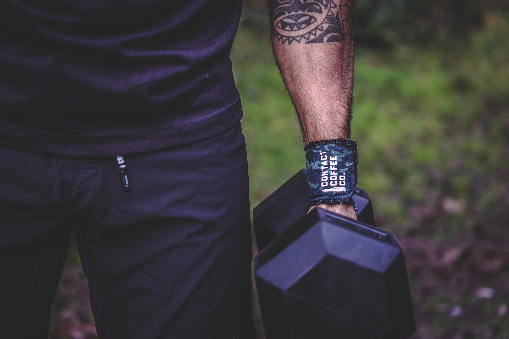 Camo gym wrist wraps from Contact Coffee Company Ltd. showing camouflage-patterned wrist support for weightlifting and workouts.