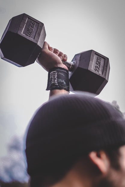 Camo gym wrist wraps by Contact Coffee Company Ltd. showing adjustable camouflage fabric wrist support for workout stability.