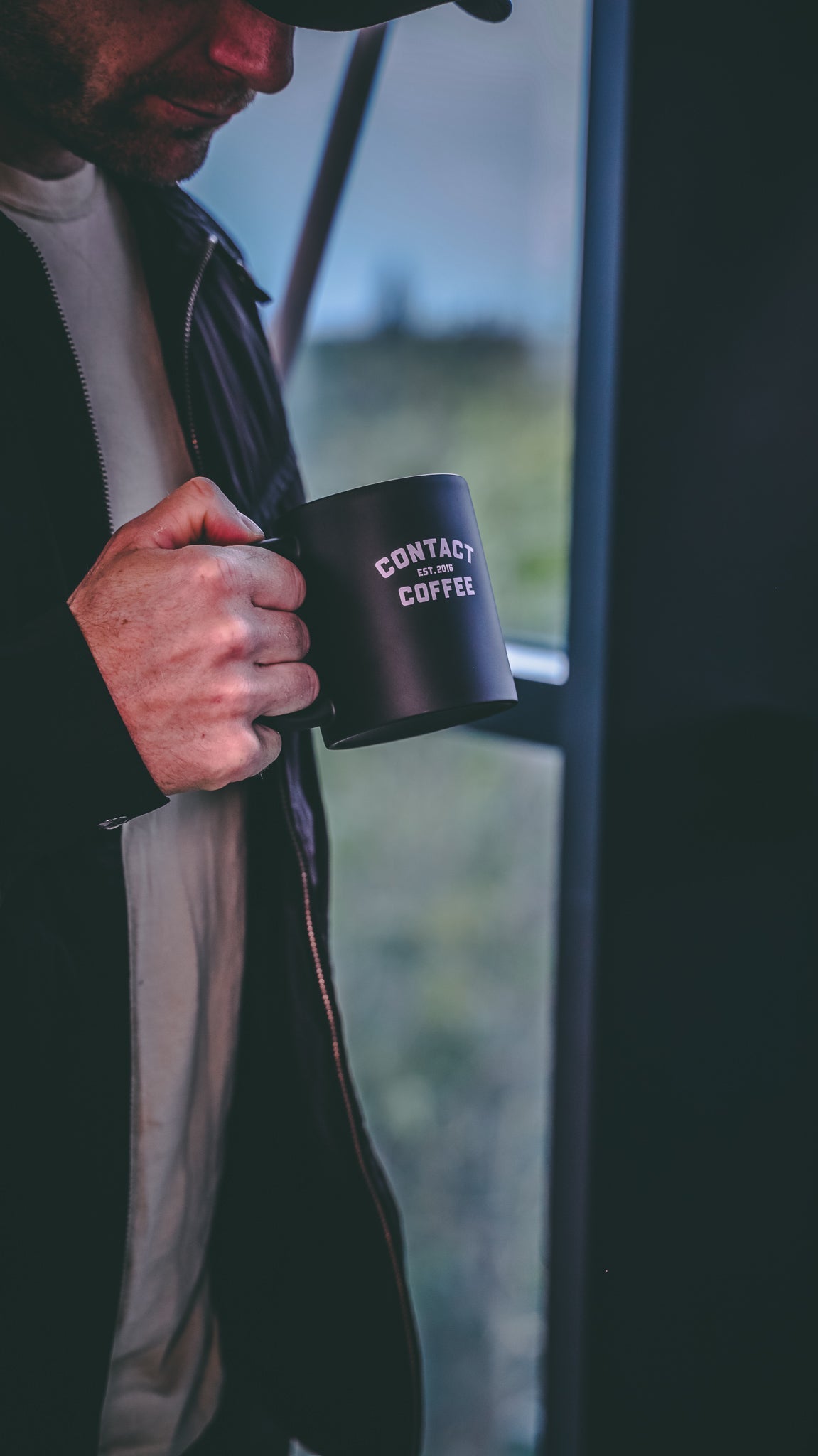 Contact Coffee Co Charlie mug featuring coffee gear design, ceramic coffee mug with bold branding and stylish coffee-themed artwork.