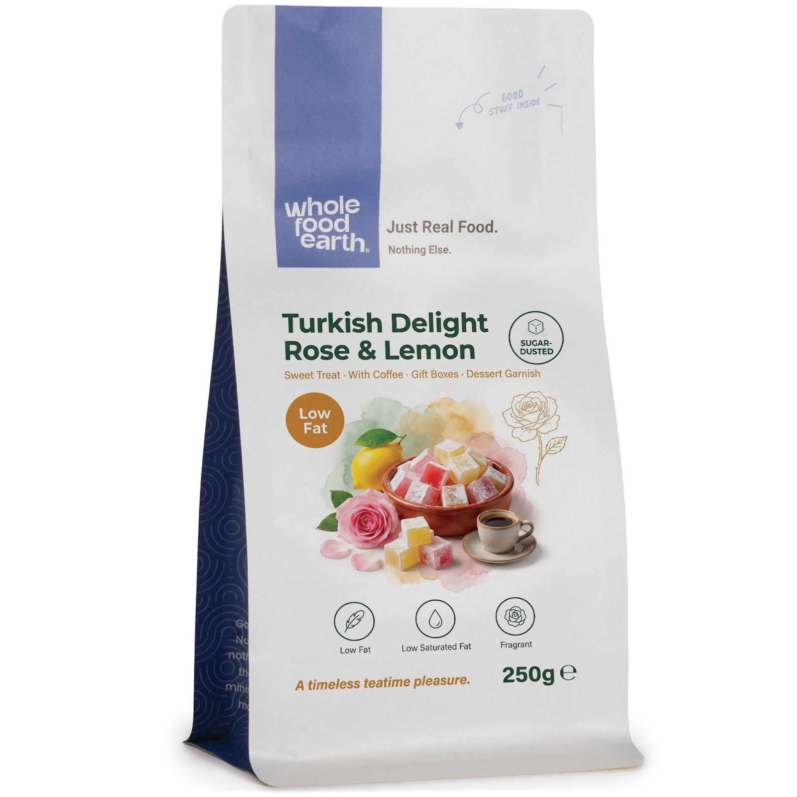 Turkish Delight with rose and lemon flavors by Whole Food Earth, showcasing colorful, textured pieces on a white background.
