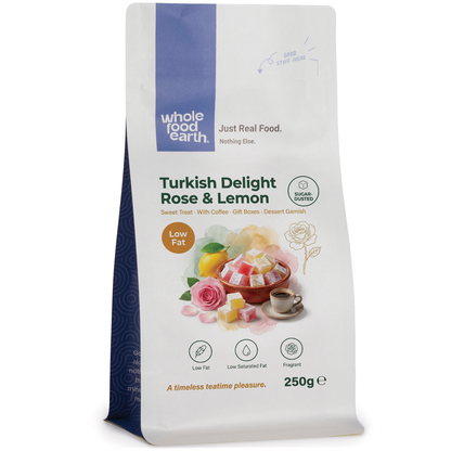 Turkish Delight with rose and lemon flavors by Whole Food Earth, showcasing colorful, textured pieces on a white background.