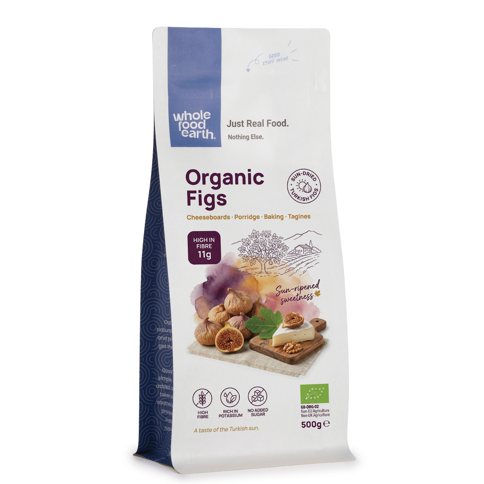 Dried organic figs from Whole Food Earth showing plump, caramel-colored figs with textured skins on a white background.
