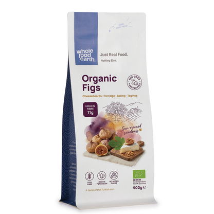 Dried organic figs from Whole Food Earth showing plump, caramel-colored figs with textured skins on a white background.