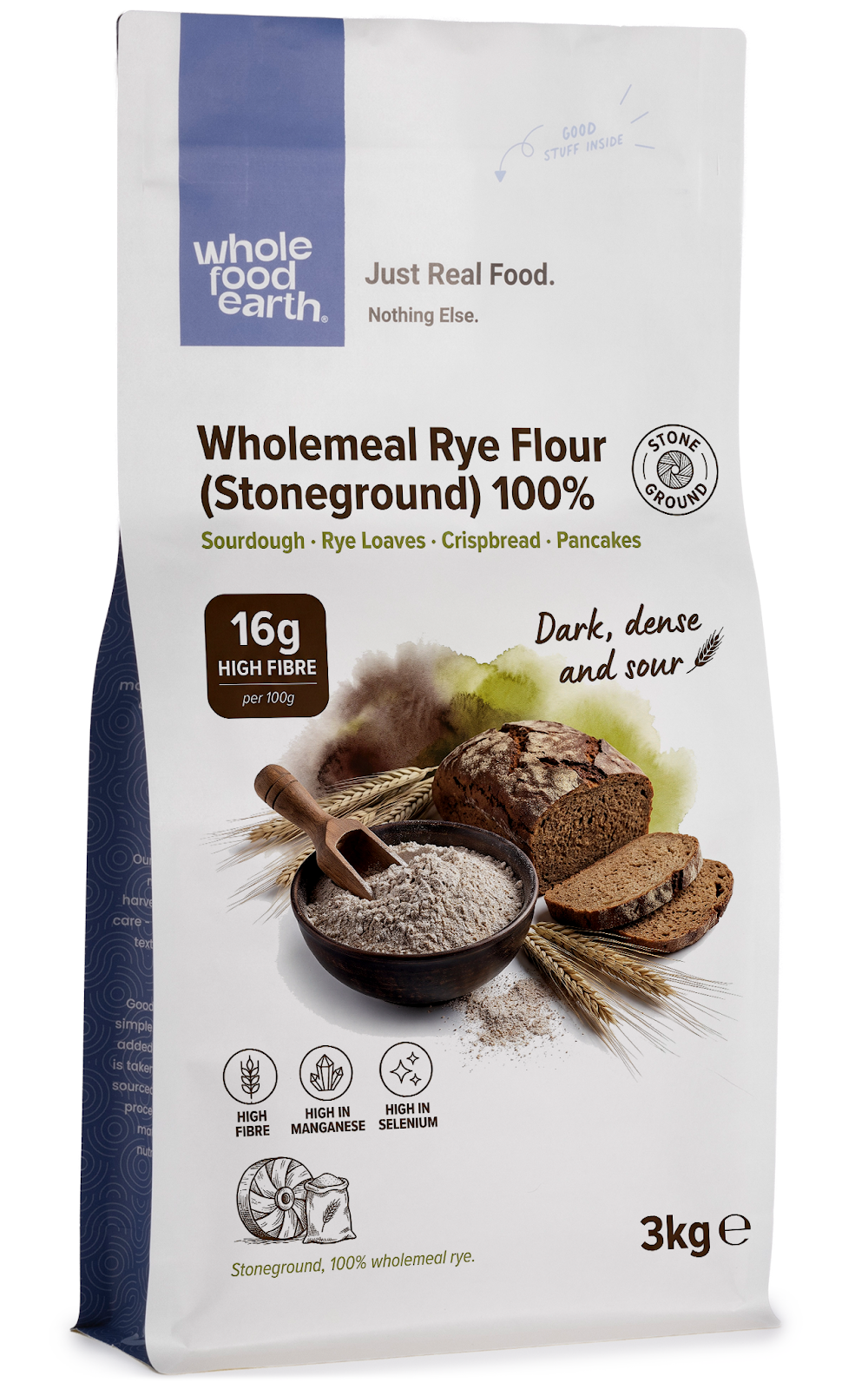 Wholemeal rye flour from Serious Grains by Whole Food Earth, stoneground, showing light brown, coarse-textured flour in a bowl.