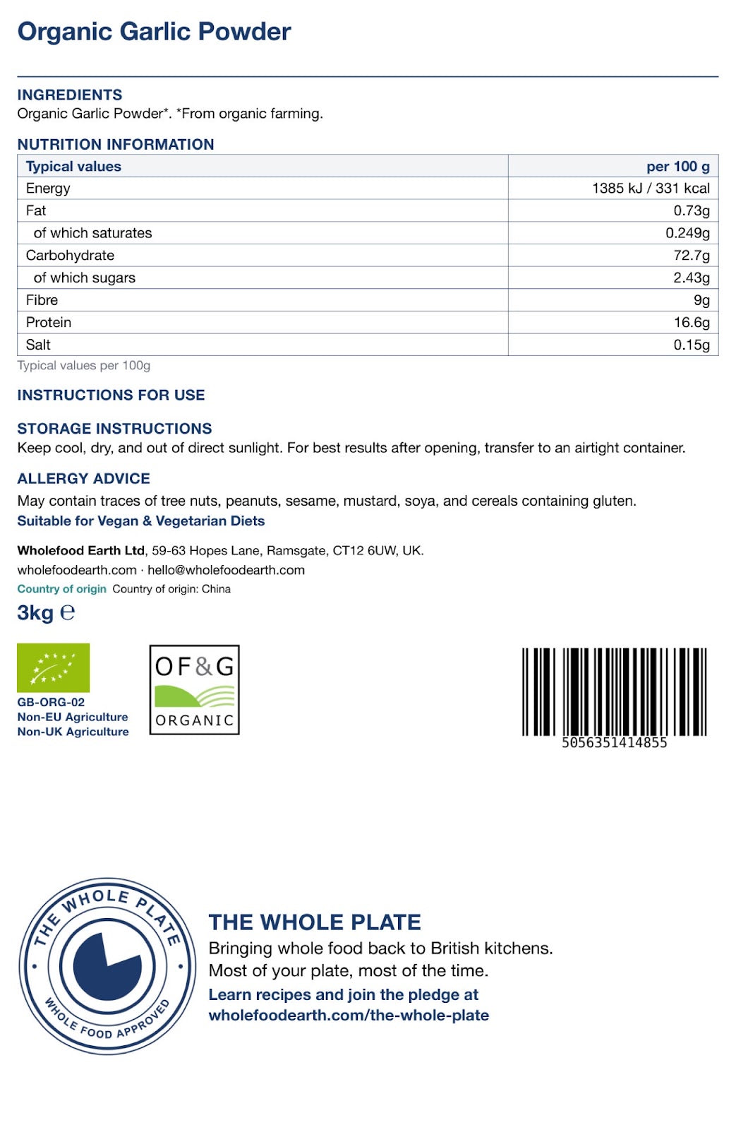 Organic garlic powder from Whole Food Earth, close-up of fine white spice in a clear glass jar, herbal seasoning for cooking.