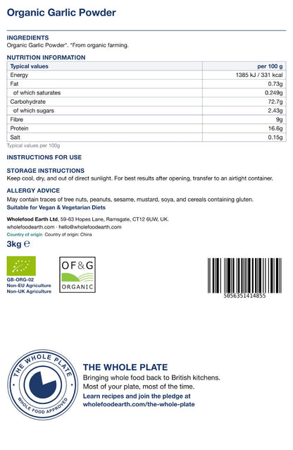 Organic garlic powder from Whole Food Earth, close-up of fine white spice in a clear glass jar, herbal seasoning for cooking.