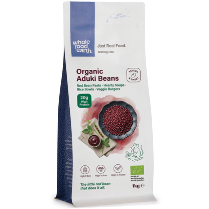 Organic Aduki beans from Whole Food Earth, showcasing small, reddish-brown pulses in a close-up view.
