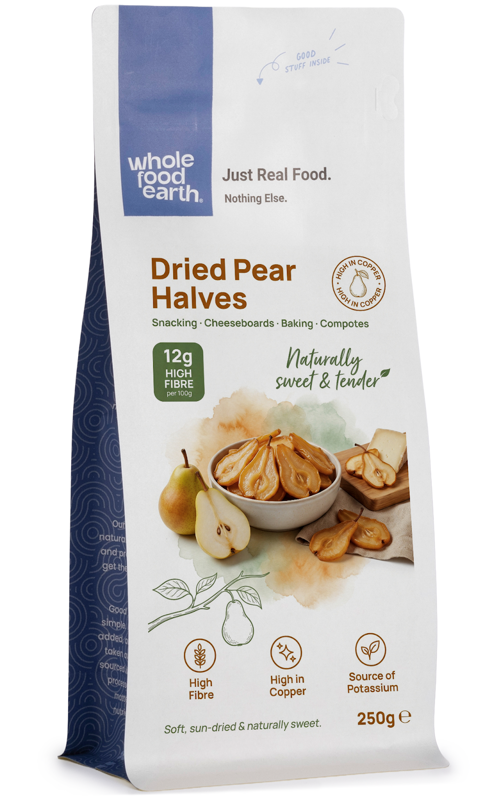 Dried pear halves from Whole Food Earth, a natural dried fruit snack with golden, sliced pear pieces on a white background.