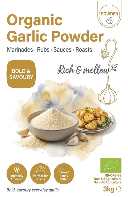 Organic garlic powder from Whole Food Earth, close-up of fine white spice in a glass jar on a wooden surface.