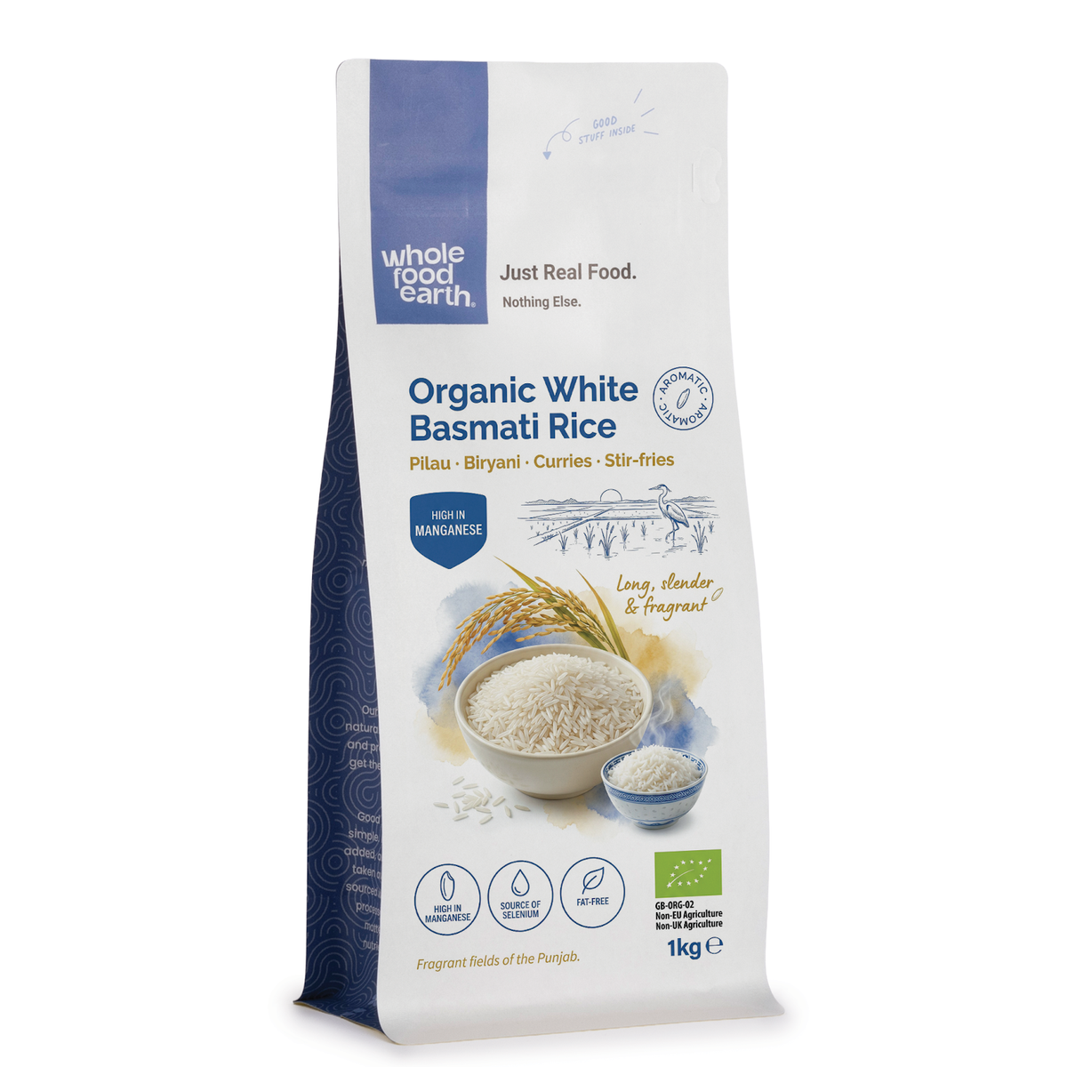 Organic White Basmati Rice from Whole Food Earth, long-grain rice with fluffy texture, displayed in a clear bowl.