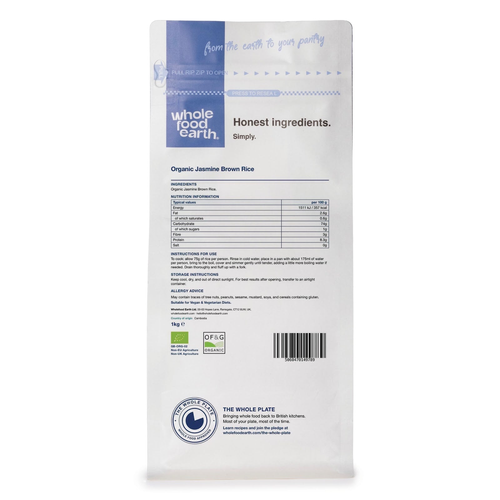 Organic jasmine brown rice from Whole Food Earth in a clear bag, showcasing the light brown grains of rice.