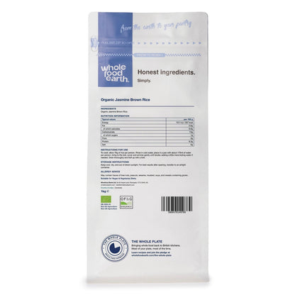 Organic jasmine brown rice from Whole Food Earth in a clear bag, showcasing the light brown grains of rice.