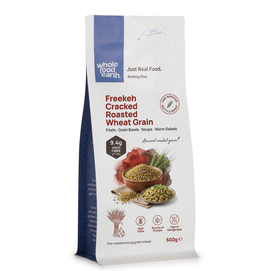 Whole Food Earth cracked roasted wheat grain, freekeh, in a bowl showing the textured, golden-brown roasted wheat grains.