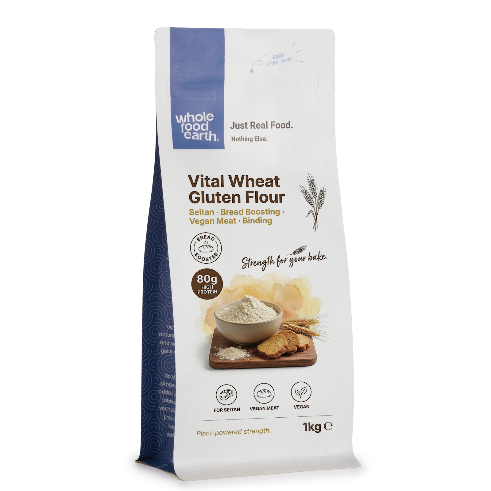 Vital Wheat Gluten Flour from Whole Food Earth, showing a bag of Serious Grains gluten flour for baking and cooking.