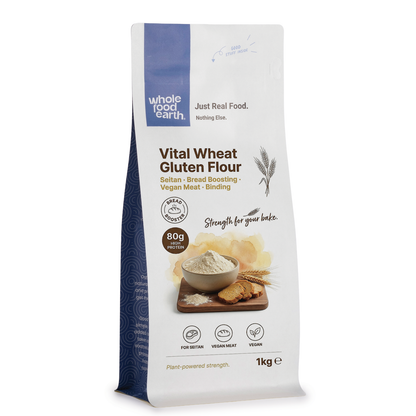 Vital Wheat Gluten Flour from Whole Food Earth, showing a bag of Serious Grains gluten flour for baking and cooking.