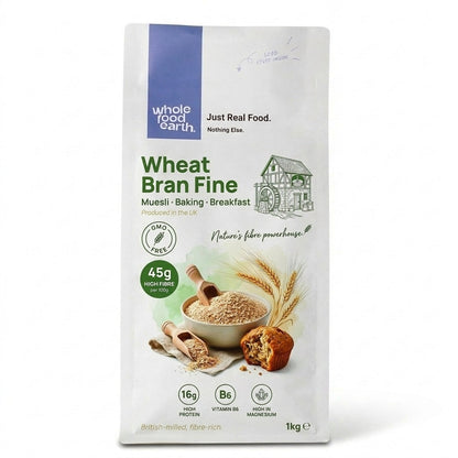 Fine wheat bran cereal from Whole Food Earth, showcasing a close-up of light, textured wheat bran in a bowl.