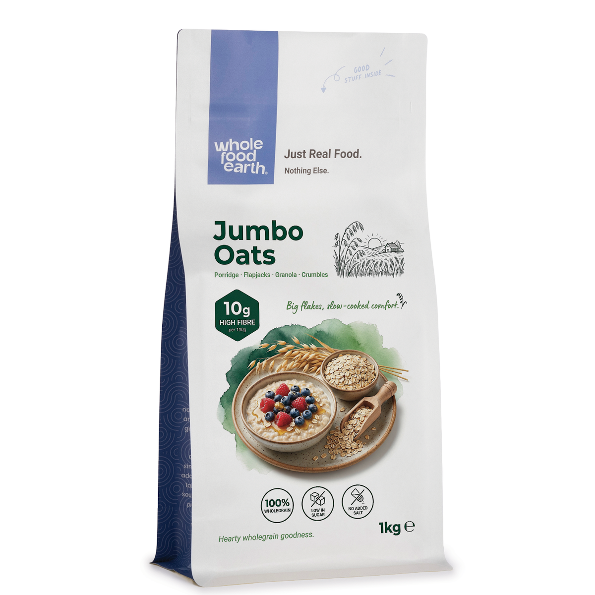 Bowl of Whole Food Earth Jumbo Oats cereal with milk in a white bowl on a wooden table, ready to serve.