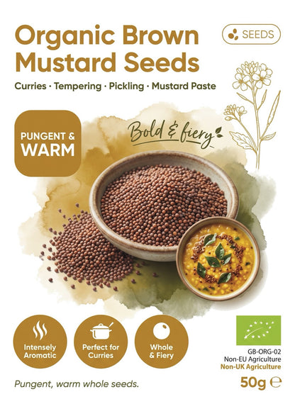 Organic brown mustard seeds from Whole Food Earth, close-up of small round seeds used as herbs and spices in cooking.